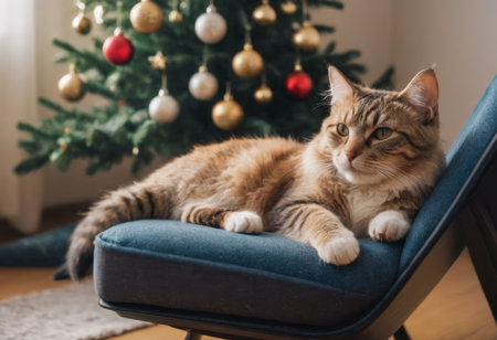 This cute tabby cat is relaxing in a soft armchair next to a festive Christmas tree with twinkling lights, colorful ornaments, and wrapped presents. Its the perfect picture of holiday coziness.の素材