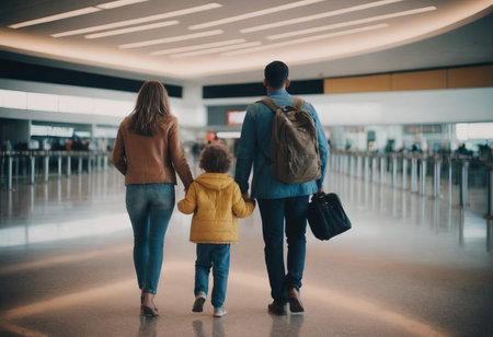 A family of three is shown in an airport, with the child between the two adults. Each person is holding a suitcase. They are all smiling and appear to be excited about their trip.の素材