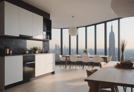 Modern kitchen with spacious island, sleek appliances, skyline view, elegant cabinets, light wood floors, breakfast bar, full-size appliances, stylish design, ample natural light.の素材