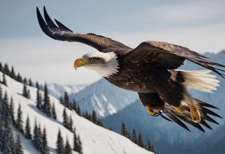 A landscape of snow-capped mountains with a majestic bald eagle hovering in the foreground among the evergreen trees at the foot of the hills.の素材