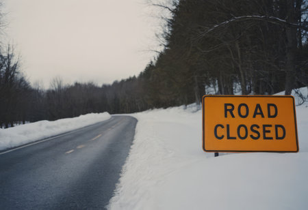 Road Closed sign placed beside a snow covered road on a cold winter dayの素材