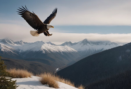 A landscape of snow-capped mountains with a majestic bald eagle hovering in the foreground among the evergreen trees at the foot of the hills.の素材