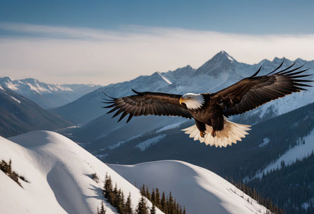 A landscape of snow-capped mountains with a majestic bald eagle hovering in the foreground among the evergreen trees at the foot of the hills.の素材