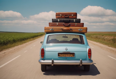 travelers' suitcases on the roof of an antique car driving along the road. The concept of memoryの素材