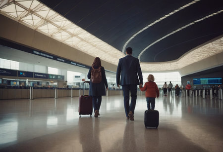 A family of three is shown in an airport, with the child between the two adults. Each person is holding a suitcase. They are all smiling and appear to be excited about their trip.の素材
