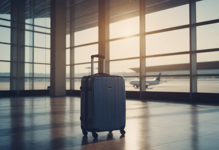 stack of traveling luggage in airport terminal and passenger plane flying over skyの素材