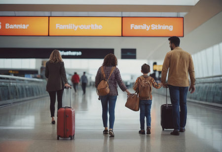 A family of three is shown in an airport, with the child between the two adults. Each person is holding a suitcase. They are all smiling and appear to be excited about their trip.の素材