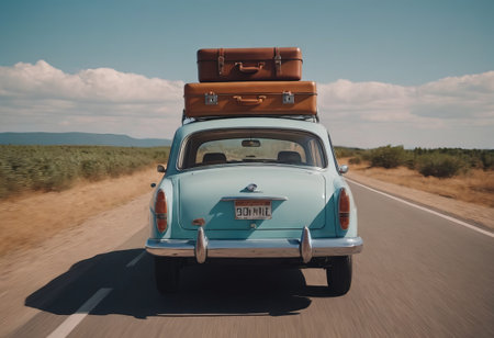 travelers' suitcases on the roof of an antique car driving along the road. The concept of memoryの素材