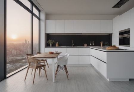 Modern kitchen with spacious island, sleek appliances, skyline view, elegant cabinets, light wood floors, breakfast bar, full-size appliances, stylish design, ample natural light.の素材