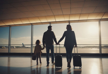 A family of three is shown in an airport, with the child between the two adults. Each person is holding a suitcase. They are all smiling and appear to be excited about their trip.の素材