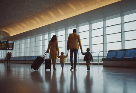 A family of three is shown in an airport, with the child between the two adults. Each person is holding a suitcase. They are all smiling and appear to be excited about their trip.の素材