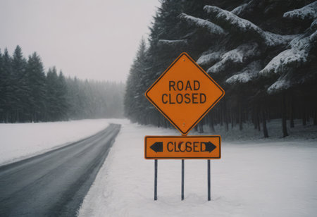 Road Closed sign placed beside a snow covered road on a cold winter dayの素材