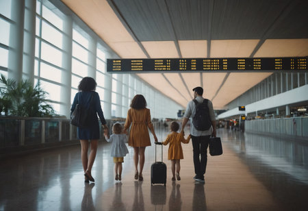 A family of three is shown in an airport, with the child between the two adults. Each person is holding a suitcase. They are all smiling and appear to be excited about their trip.の素材