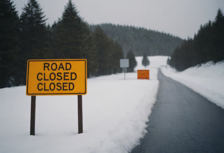 Road Closed sign placed beside a snow covered road on a cold winter dayの素材