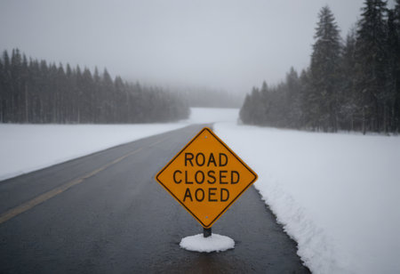 Road Closed sign placed beside a snow covered road on a cold winter dayの素材