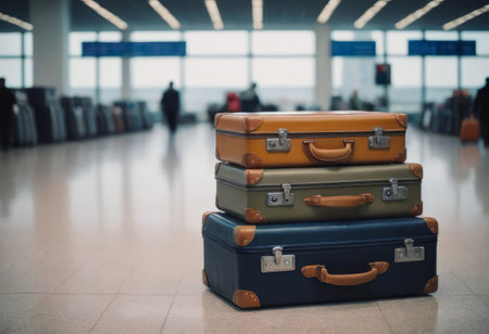 stack of traveling luggage in airport terminal and passenger plane flying over skyの素材