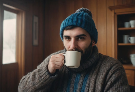 Portrait middle-aged man, wearing warm knitted scarf, sweater, with cup hot drink, sitting on chair near heating radiator in house. Concept of cold, health status, cold houseの素材
