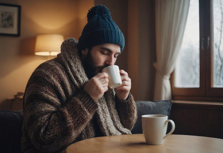Portrait middle-aged man, wearing warm knitted scarf, sweater, with cup hot drink, sitting on chair near heating radiator in house. Concept of cold, health status, cold houseの素材