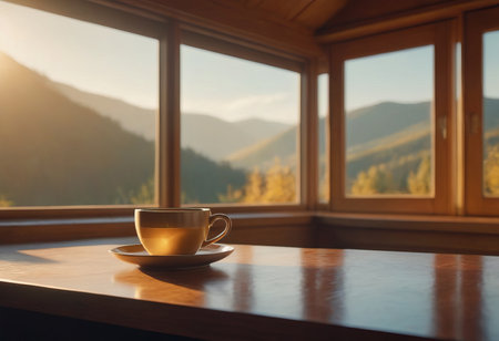A table with a coffee mug. Sunlight. Beautiful view of the mountains on a sunny day through the window in a private houseの素材