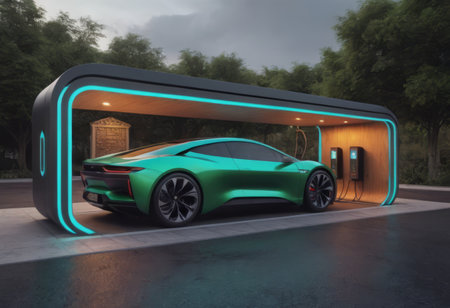 Refueling of e-mobility vehicles. Charging an electric car. New generation electric-powered carsの素材