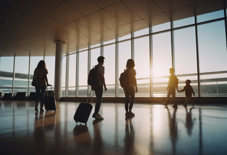 A family of three is shown in an airport, with the child between the two adults. Each person is holding a suitcase. They are all smiling and appear to be excited about their trip.の素材