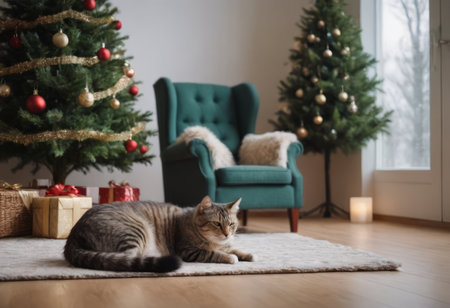 This cute tabby cat is relaxing in a soft armchair next to a festive Christmas tree with twinkling lights, colorful ornaments, and wrapped presents. Its the perfect picture of holiday coziness.の素材