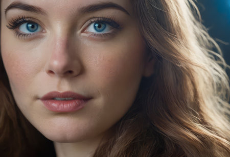 Closeup macro portrait of female face. Human woman open blue eyes with day beauty makeup. Girl with perfect skin and freckles.の素材
