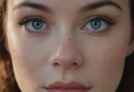 Closeup macro portrait of female face. Human woman open blue eyes with day beauty makeup. Girl with perfect skin and freckles.