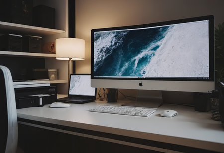 monoblock computer, on a white table in a working home environment, with home flowers, on a white tableの素材