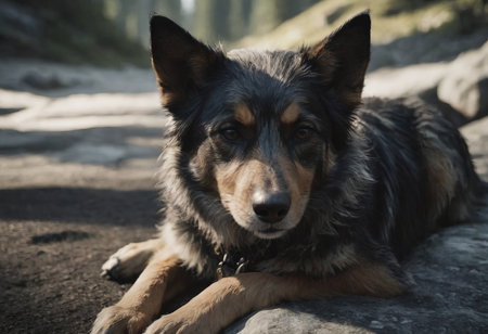 A dog, a stray. A large wolf-like animal surrounded by wild natureの素材