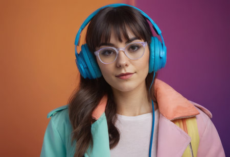 A bright young girl with headphones is listening to music on a multicolored background. Close-upの素材