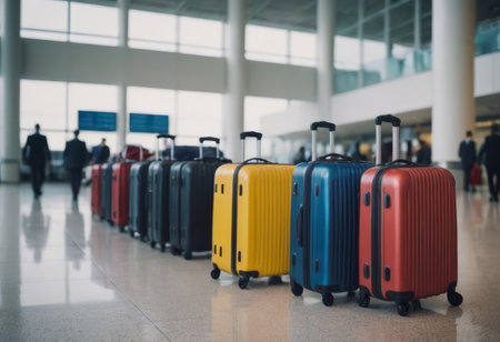 stack of traveling luggage in airport terminal and passenger plane flying over skyの素材