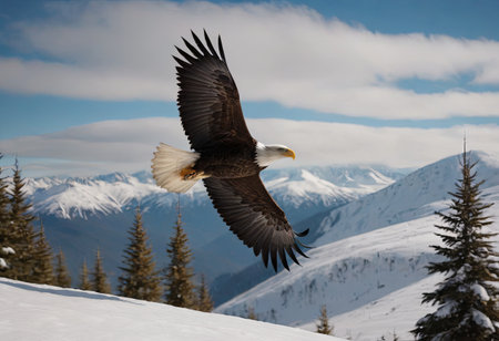 A landscape of snow-capped mountains with a majestic bald eagle hovering in the foreground among the evergreen trees at the foot of the hills.の素材