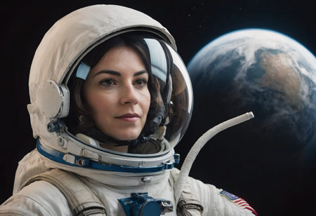 Portrait of an astronaut, a girl in a spacesuit, close-upの素材