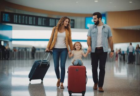 A family of three is shown in an airport, with the child between the two adults. Each person is holding a suitcase. They are all smiling and appear to be excited about their trip.の素材