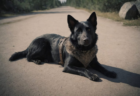 A dog, a stray. A large wolf-like animal surrounded by wild natureの素材