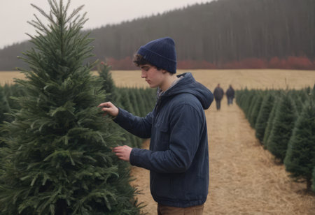 the concept of winter holidays, sales and people - a man chooses or sells a Christmas tree.の素材