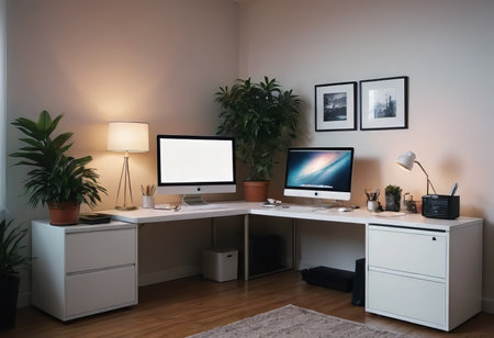 monoblock computer, on a white table in a working home environment, with home flowers, on a white tableの素材