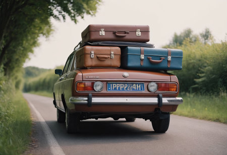 travelers' suitcases on the roof of an antique car driving along the road. The concept of memoryの素材