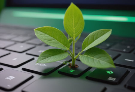 Plant growing from the laptop keyboard. Ecology and environment concept.の素材