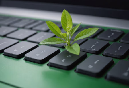 Plant growing from the laptop keyboard. Ecology and environment concept.の素材