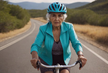 An elderly female cyclist riding a bicycle. An active elderly grandmother enjoying a healthy lifestyle and freedom.の素材