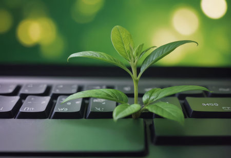 Plant growing from the laptop keyboard. Ecology and environment concept.の素材