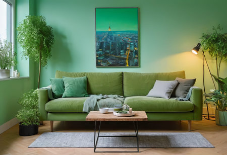 A luxurious living room with a green sofa and decor, light green walls, decor in a greenish color.の素材