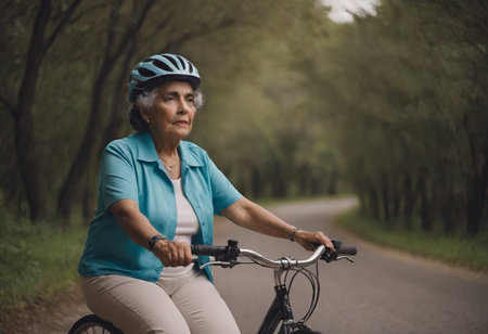 An elderly female cyclist riding a bicycle. An active elderly grandmother enjoying a healthy lifestyle and freedom.の素材