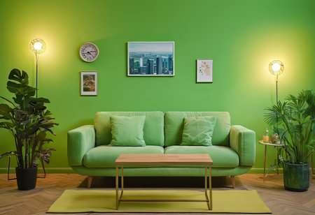 A luxurious living room with a green sofa and decor, light green walls, decor in a greenish color.の素材