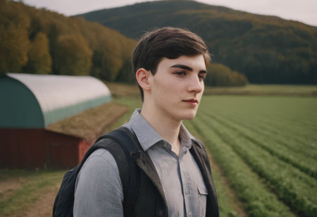 Portrait of a young male farmer, a young man, against the background of farmland.の素材