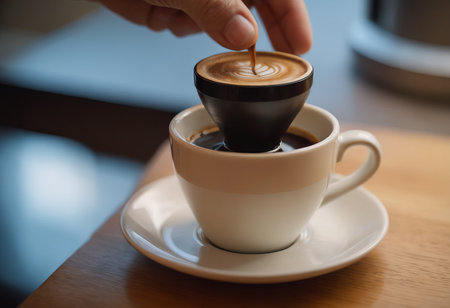 The barista pours coffee from the coffee maker into a coffee cup. A hand holding a classic coffee pot pours coffeeの素材