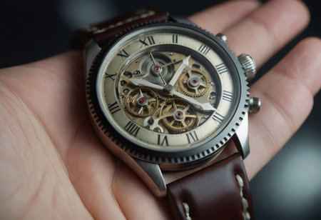 Old watch mechanism in the dark. Clock hands as symbol of time management.の素材