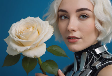 Portrait of a beautiful sensual woman with a white flower, looking tenderly at the camera on a light background. Spa concept, women's health, spa treatments and cosmetics.の素材